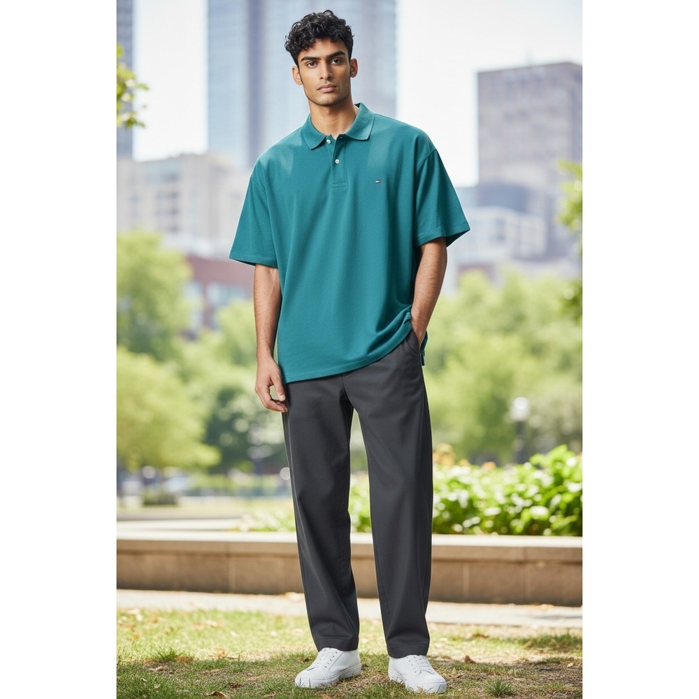 Tommy Hilfiger Mens Custom Fit Polo Shirt Teal Green Pique Short Sleeve Size M